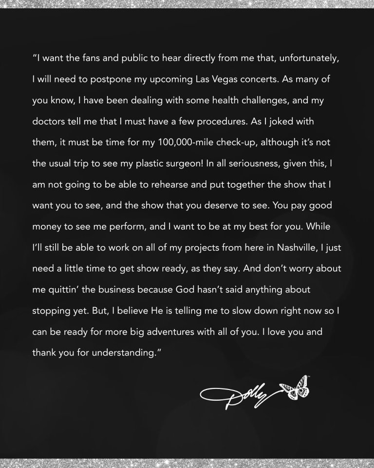 Dolly Parton's announcement about postponing her Las Vegas residency shows due to health challenges.