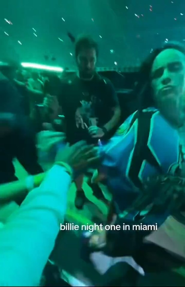 Singer Billie Eilish being pulled to the floor by a fan at a concert.